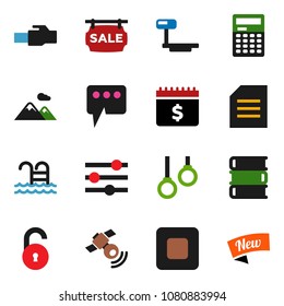 solid vector ixon set - book vector, calculator, document, dollar calendar, pool, gymnast rings, big scales, satellitie, stop button, equalizer, lan connector, message, unlock, mountain, new