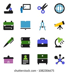 solid vector ixon set - book vector, university, blackboard, drawing compass, case, backpack, pen, telescope, microscope, table lamp, scissors, world, archive, personal information, molecule