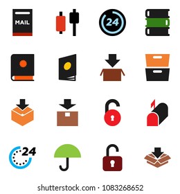 solid vector ixon set - book vector, archive, japanese candle, umbrella, package, unlock, mailbox, 24 hour, catalog