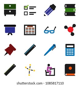 solid vector ixon set - book vector, pencil, ruler, glasses, student, pen, calculator, schedule, paper pin, archive, molecule, constellation, exam, presentation board, catalog