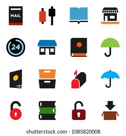 solid vector ixon set - book vector, archive, japanese candle, office, umbrella, unlock, mailbox, 24 hour, catalog, package