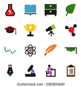 solid vector ixon set - book vector, graduate hat, pen, student, atom, telescope, microscope, award cup, archive, molecule, flask, leaf, constellation, clipboard