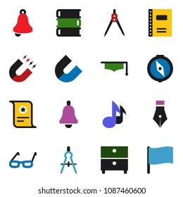 solid vector ixon set - book vector, copybook, graduate hat, pen, drawing compass, glasses, bell, certificate, magnet, music, archive, flag
