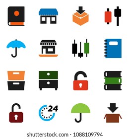 solid vector ixon set - book vector, copybook, archive, japanese candle, office, umbrella, package, unlock, 24 hour, catalog