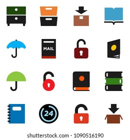 solid vector ixon set - book vector, copybook, archive, umbrella, package, unlock, mailbox, 24 hour, catalog