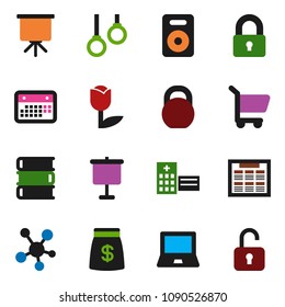 solid vector ixon set - book vector, notebook pc, schedule, presentation, weight, gymnast rings, calendar, tulip, social media, speaker, hospital building, lock, money bag, cart, unlock