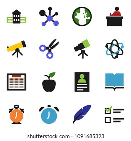 solid vector ixon set - book vector, pen, school building, student, apple fruit, atom, telescope, alarm clock, schedule, scissors, world, personal information, molecule, exam