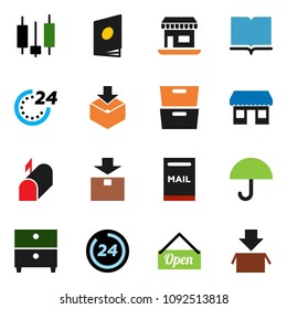solid vector ixon set - book vector, archive, japanese candle, office, umbrella, package, mailbox, open, 24 hour, catalog