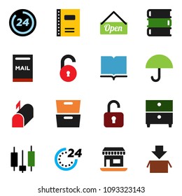 solid vector ixon set - book vector, copybook, archive, japanese candle, office, umbrella, unlock, mailbox, open, 24 hour, package