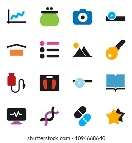 solid vector ixon set - book vector, graph, scales, dry cargo, camera, dna, pills, eye doctor hat, diagnostic monitor, drop counter, mountain, wallet, menu, password, star