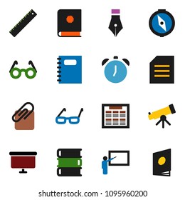 solid vector ixon set - book vector, copybook, pen, blackboard, ruler, glasses, telescope, alarm clock, schedule, compass, document, presentation board, attachment, catalog