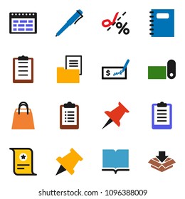 solid vector ixon set - book vector, copybook, pen, schedule, paper pin, certificate, check, clipboard, fitness mat, thumbtack, estate document, shopping bag, coupon, package
