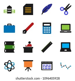 solid vector ixon set - book vector, pen, school building, ruler, student, case, atom, calculator, notebook pc, schedule, scissors, presentation, document, constellation