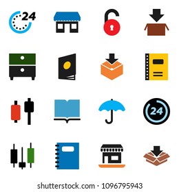 solid vector ixon set - book vector, copybook, archive, japanese candle, office, umbrella, package, unlock, 24 hour, catalog