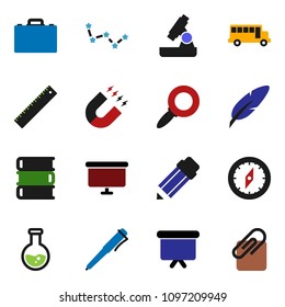 solid vector ixon set - book vector, pen, pencil, ruler, case, microscope, compass, magnet, school bus, magnifier, flask, constellation, presentation board, attachment