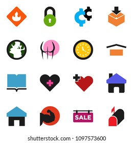 solid vector ixon set - book vector, cent sign, muscule hand, buttocks, earth, clock, dry cargo, package, flammable, heart cross, home, lock, sale signboard, mailbox
