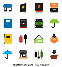 solid vector ixon set - book vector, copybook, archive, japanese candle, office, umbrella, package, mailbox, open, catalog