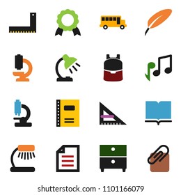 solid vector ixon set - book vector, copybook, pen, corner ruler, backpack, table lamp, medal, school bus, music, document, archive, microscope, attachment