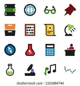 solid vector ixon set - book vector, glasses, student, microscope, table lamp, calculator, paper pin, compass, certificate, abacus, music, world, archive, flask, constellation