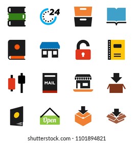 solid vector ixon set - book vector, copybook, archive, japanese candle, office, package, mailbox, unlock, open, 24 hour, catalog