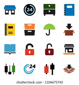 solid vector ixon set - book vector, copybook, archive, japanese candle, office, umbrella, unlock, 24 hour, package