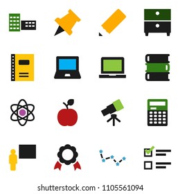 solid vector ixon set - book vector, copybook, pencil, school building, blackboard, apple fruit, atom, telescope, calculator, notebook pc, paper pin, medal, archive, constellation, exam