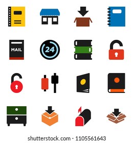 solid vector ixon set - book vector, copybook, archive, japanese candle, office, package, unlock, mailbox, 24 hour, catalog
