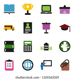 solid vector ixon set - book vector, graduate hat, university, school building, blackboard, calculator, notebook pc, clipboard, award cup, bus, presentation, world, personal information, attachment