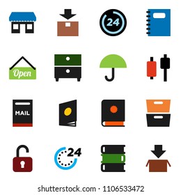 solid vector ixon set - book vector, copybook, archive, japanese candle, office, umbrella, package, mailbox, open, 24 hour, catalog, unlock