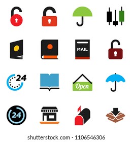 solid vector ixon set - book vector, japanese candle, office, umbrella, unlock, mailbox, open, 24 hour, catalog, package