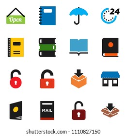solid vector ixon set - book vector, copybook, office, umbrella, package, unlock, mailbox, open, 24 hour, catalog
