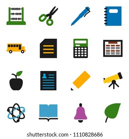 solid vector ixon set - book vector, copybook, pencil, apple fruit, atom, pen, telescope, bell, calculator, schedule, scissors, school bus, abacus, document, personal information, leaf