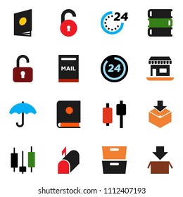 solid vector ixon set - book vector, archive, japanese candle, office, umbrella, package, unlock, mailbox, 24 hour, catalog
