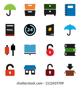 solid vector ixon set - book vector, copybook, archive, japanese candle, office, umbrella, unlock, mailbox, 24 hour, catalog, package