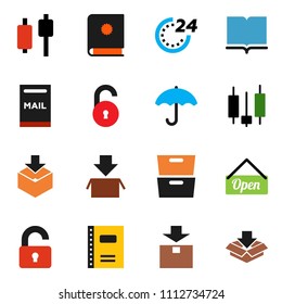 solid vector ixon set - book vector, copybook, archive, japanese candle, umbrella, package, unlock, mailbox, open, 24 hour, catalog