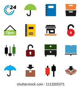 solid vector ixon set - book vector, copybook, archive, japanese candle, office, umbrella, package, unlock, open, 24 hour