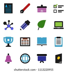 solid vector ixon set - book vector, pen, university, pencil, bell, notebook pc, schedule, clipboard, award cup, world, personal information, molecule, leaf, exam, presentation board, catalog