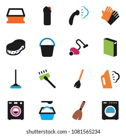 solid vector ixon set - broom vector, vacuum cleaner, mop, bucket, sponge, steaming, washing powder, cleaning agent, rubber glove, washer