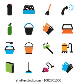 solid vector ixon set - broom vector, vacuum cleaner, mop, bucket, sponge, steaming, washing powder, cleaning agent, rubber glove