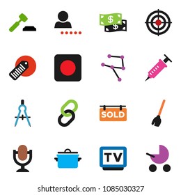 solid vector ixon set - broom vector, pan, drawing compass, auction, target, barcode, tv, microphone, link, rec button, syringe, network, login, sold signboard, cash, baby stroller