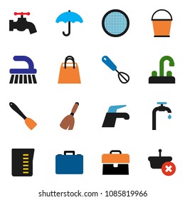 solid vector ixon set - broom vector, water tap, fetlock, bucket, measuring cup, whisk, spatula, sieve, case, umbrella, supply, shopping bag, basket