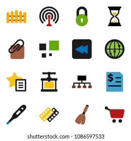solid vector ixon set - broom vector, cook press, annual report, sand clock, hierarchy, antenna, internet, backward button, thermometer, pills blister, favorites, loading, attachment, lock, fence