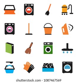 solid vector ixon set - broom vector, vacuum cleaner, mop, bucket, sponge, steaming, washer, washing powder, rubber glove