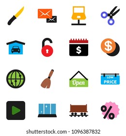 solid vector ixon set - broom vector, shining window, knife, scissors, dollar calendar, Railway carriage, internet, play button, notebook network, mail, unlock, garage, low price signboard, coin
