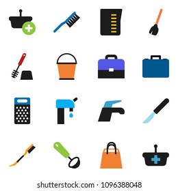 solid vector ixon set - broom vector, water tap, fetlock, bucket, car, toilet brush, measuring cup, ladle, grater, case, scalpel, supply, shopping bag, basket