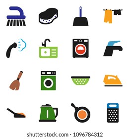solid vector ixon set - broom vector, water tap, fetlock, scoop, sponge, iron, steaming, drying clothes, washer, sink, pan, kettle, colander, grater