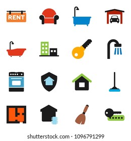 solid vector ixon set - broom vector, mop, bath, oven, house, garage, plan, rent signboard, apartments, cushioned furniture, smart home, protect, password