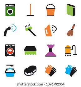 solid vector ixon set - broom vector, vacuum cleaner, mop, bucket, sponge, car fetlock, steaming, washer, washing powder, rubber glove