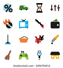 solid vector ixon set - broom vector, mop, foam basin, scales, crisis, sand clock, yen sign, car, music hit, gamepad, settings, dropper, tv, wallet, percent, store