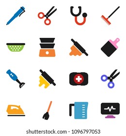 solid vector ixon set - broom vector, rake, iron, colander, measuring cup, rolling pin, cutting board, double boiler, blender, pen, scissors, first aid kit, stethoscope, diagnostic monitor